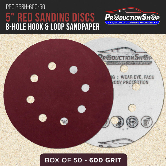 Premium 5" Red 8-Hole Pattern 600 Grit Sanding Discs, Box of 50 - Dustless Hook & Loop Backing Sandpaper for Random Orbital Sanders, Extra-Fine-Cut Abrasive - Woodworking, Auto Paint