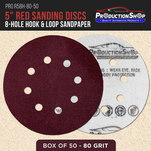 Premium 5" Red 8-Hole Pattern 80 Grit Sanding Discs, Box of 50 - Dustless Hook & Loop Backing Sandpaper for Random Orbital Sanders, Medium-Coarse-Cut Abrasive - Woodworking, Auto Paint