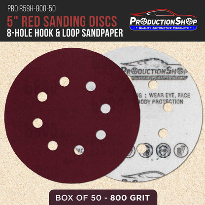Premium 5" Red 8-Hole Pattern 800 Grit Sanding Discs, Box of 50 - Dustless Hook & Loop Backing Sandpaper for Random Orbital Sanders, Super-Fine-Cut Abrasive