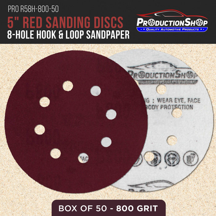 Premium 5" Red 8-Hole Pattern 800 Grit Sanding Discs, Box of 50 - Dustless Hook & Loop Backing Sandpaper for Random Orbital Sanders, Super-Fine-Cut Abrasive - Woodworking, Auto Paint