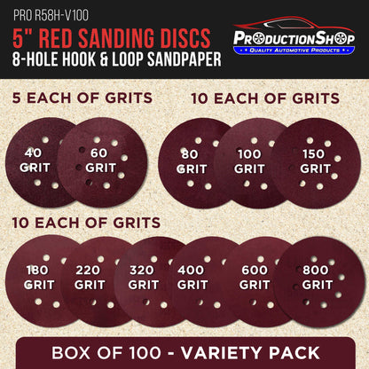 5" Red 8-Hole Pattern Sanding Discs, 100 Disc Variety Pack, Grits 40, 60, 80, 100, 150, 180, 220, 320, 400, 600, 800 - Hook & Loop Sandpaper for Random Orbital Sanders