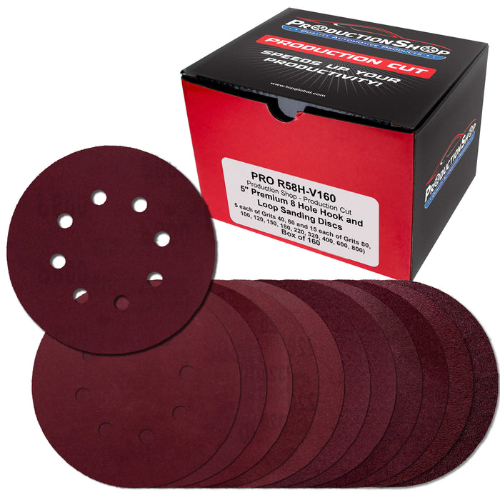 5" Red 8-Hole Pattern Sanding Discs, 160 Disc Variety Pack, Grits 40, 60, 80, 100, 120, 150, 180, 220, 320, 400, 600, 800 - Hook & Loop Sandpaper, Random Orbital Sanders - Woodworking