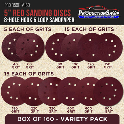 5" Red 8-Hole Pattern Sanding Discs, 160 Disc Variety Pack, Grits 40, 60, 80, 100, 120, 150, 180, 220, 320, 400, 600, 800 - Hook & Loop Sandpaper, Random Orbital Sanders