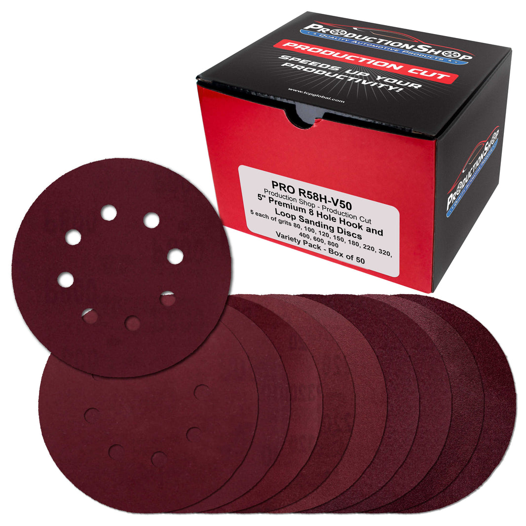 5" Red 8-Hole Pattern Sanding Discs, 50 Disc Variety Pack, Grits 80, 100, 120, 150, 180, 220, 320, 400, 600, 800 - Hook & Loop Sandpaper for Random Orbital Sanders