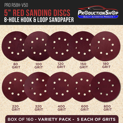 5" Red 8-Hole Pattern Sanding Discs, 50 Disc Variety Pack, Grits 80, 100, 120, 150, 180, 220, 320, 400, 600, 800 - Hook & Loop Sandpaper for Random Orbital Sanders