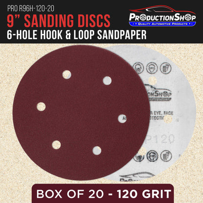 Premium 9" Red 6-Hole Pattern 120 Grit Sanding Discs, Box of 20 - Dustless Hook & Loop Backing Sandpaper for Drywall Power Sanders, Medium-Cut Abrasive