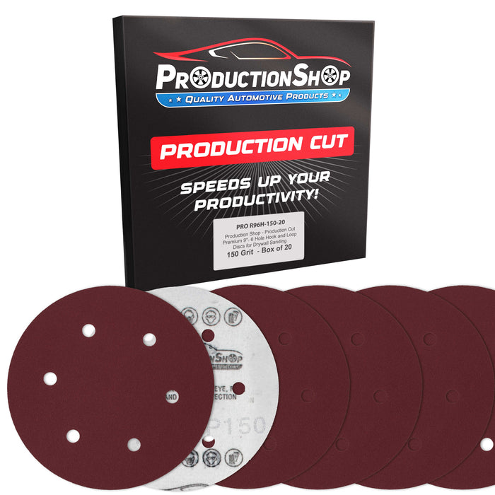 Premium 9" Red 6-Hole Pattern 150 Grit Sanding Discs, Box of 20 - Dustless Hook & Loop Backing Sandpaper for Drywall Power Sanders, Medium-Cut Abrasive - Woodworking, Sand Auto Paint