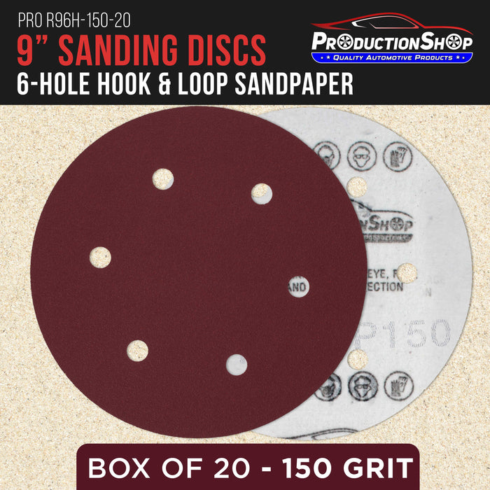 Premium 9" Red 6-Hole Pattern 150 Grit Sanding Discs, Box of 20 - Dustless Hook & Loop Backing Sandpaper for Drywall Power Sanders, Medium-Cut Abrasive - Woodworking, Sand Auto Paint