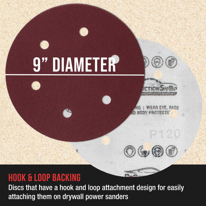 Premium 9" Red 6-Hole Pattern 150 Grit Sanding Discs, Box of 20 - Dustless Hook & Loop Backing Sandpaper for Drywall Power Sanders, Medium-Cut Abrasive