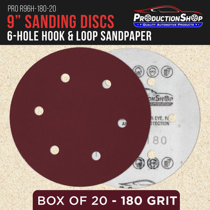 Premium 9" Red 6-Hole Pattern 180 Grit Sanding Discs, Box of 20 - Dustless Hook & Loop Backing Sandpaper for Drywall Power Sanders, Medium-Cut Abrasive