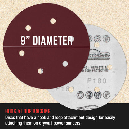 Premium 9" Red 6-Hole Pattern 180 Grit Sanding Discs, Box of 20 - Dustless Hook & Loop Backing Sandpaper for Drywall Power Sanders, Medium-Cut Abrasive