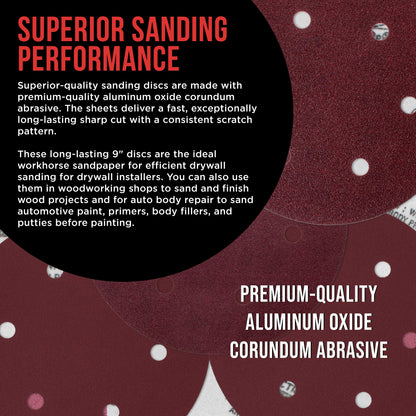 Premium 9" Red 6-Hole Pattern 180 Grit Sanding Discs, Box of 20 - Dustless Hook & Loop Backing Sandpaper for Drywall Power Sanders, Medium-Cut Abrasive