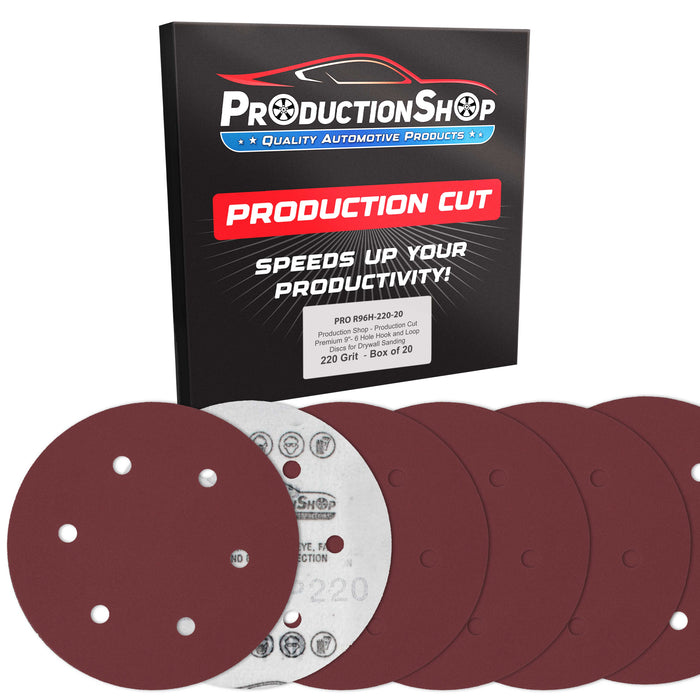 Premium 9" Red 6-Hole Pattern 220 Grit Sanding Discs, Box of 20 - Dustless Hook & Loop Backing Sandpaper for Drywall Power Sanders, Fine-Cut Abrasive - Woodworking, Sand Auto Paint