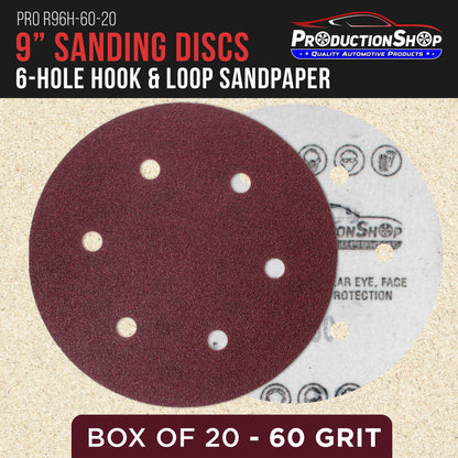 Premium 9" Red 6-Hole Pattern 60 Grit Sanding Discs, Box of 20 - Dustless Hook & Loop Backing Sandpaper for Drywall Power Sanders, Coarse-Cut Abrasive