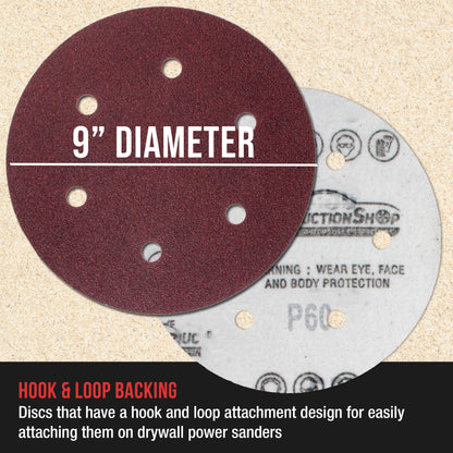 Premium 9" Red 6-Hole Pattern 60 Grit Sanding Discs, Box of 20 - Dustless Hook & Loop Backing Sandpaper for Drywall Power Sanders, Coarse-Cut Abrasive