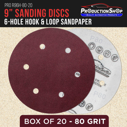 Premium 9" Red 6-Hole Pattern 80 Grit Sanding Discs, Box of 20 - Dustless Hook & Loop Backing Sandpaper for Drywall Power Sanders, Coarse-Cut Abrasive