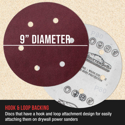 Premium 9" Red 6-Hole Pattern 80 Grit Sanding Discs, Box of 20 - Dustless Hook & Loop Backing Sandpaper for Drywall Power Sanders, Coarse-Cut Abrasive