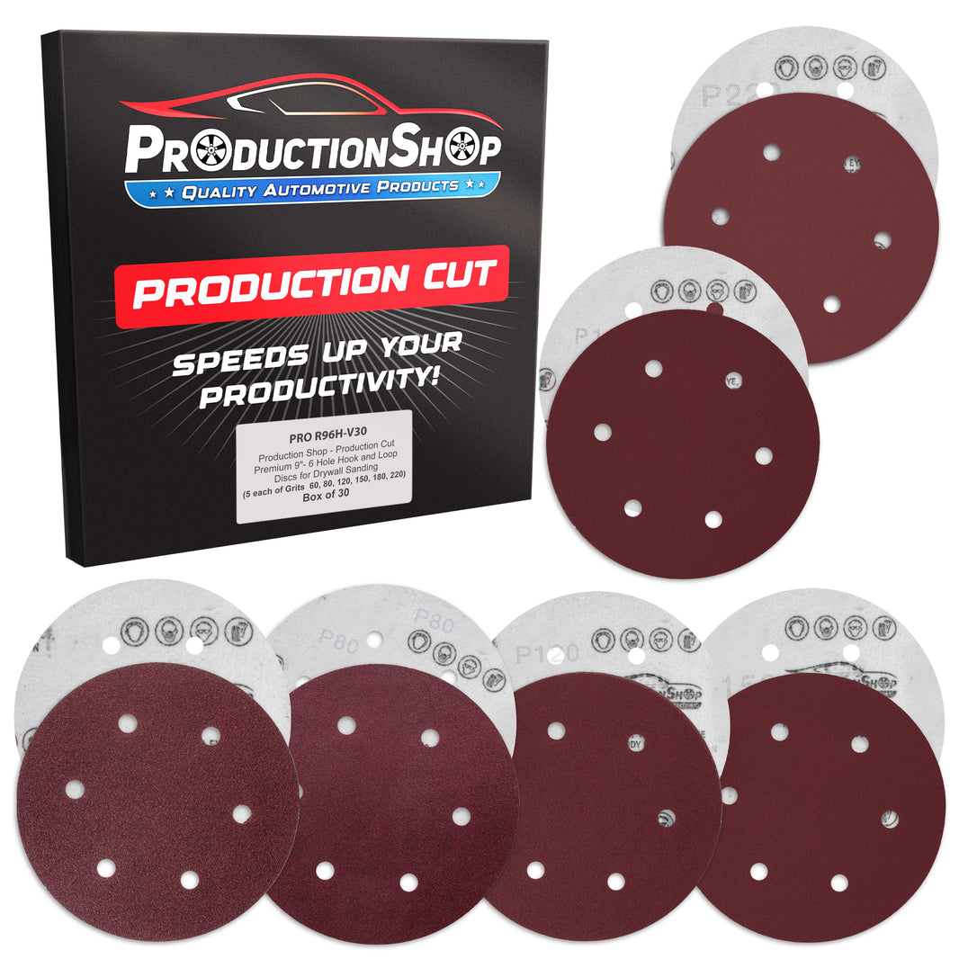 Premium 9" Red 6-Hole Pattern Sanding Discs, 30 Disc Variety Pack, Grits 60, 80, 120, 150, 180, 220 - Dustless Hook & Loop Backing Sandpaper for Drywall Power Sander