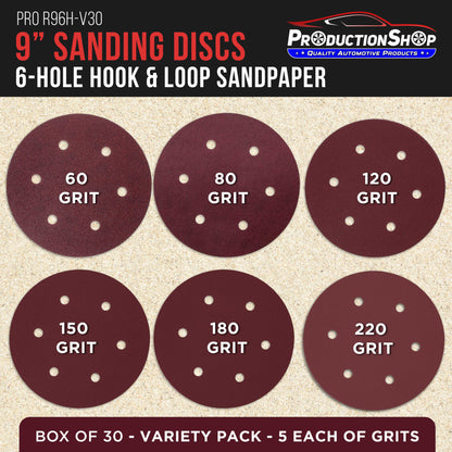 Premium 9" Red 6-Hole Pattern Sanding Discs, 30 Disc Variety Pack, Grits 60, 80, 120, 150, 180, 220 - Dustless Hook & Loop Backing Sandpaper for Drywall Power Sander