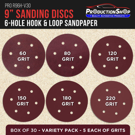 Premium 9" Red 6-Hole Pattern Sanding Discs, 30 Disc Variety Pack, Grits 60, 80, 120, 150, 180, 220 - Dustless Hook & Loop Backing Sandpaper for Drywall Power Sander, Woodworking Paint