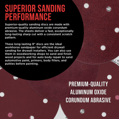 Premium 9" Red 6-Hole Pattern Sanding Discs, 30 Disc Variety Pack, Grits 60, 80, 120, 150, 180, 220 - Dustless Hook & Loop Backing Sandpaper for Drywall Power Sander