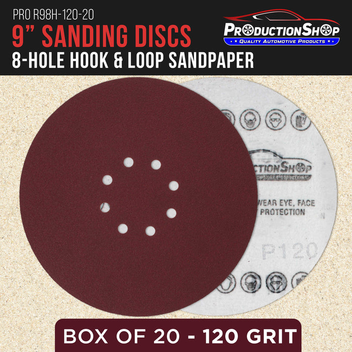 Premium 9" Red 8-Hole Pattern 120 Grit Sanding Discs, Box of 20 - Dustless Hook & Loop Backing Sandpaper for Drywall Power Sanders, Medium-Cut Abrasive - Woodworking, Sand Auto Paint