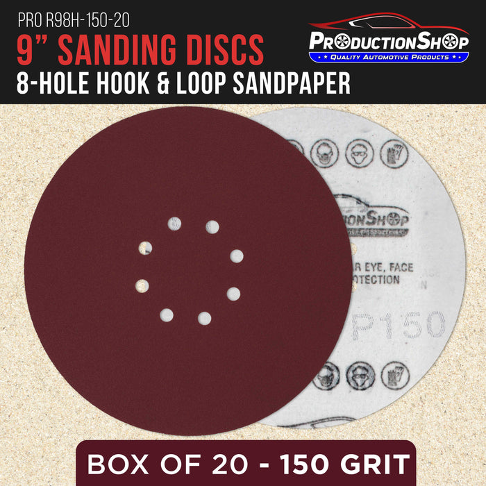 Premium 9" Red 8-Hole Pattern 150 Grit Sanding Discs, Box of 20 - Dustless Hook & Loop Backing Sandpaper for Drywall Power Sanders, Medium-Cut Abrasive - Woodworking, Sand Auto Paint