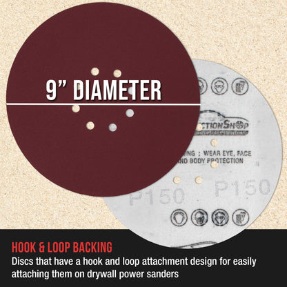 Premium 9" Red 8-Hole Pattern 150 Grit Sanding Discs, Box of 20 - Dustless Hook & Loop Backing Sandpaper for Drywall Power Sanders, Medium-Cut Abrasive