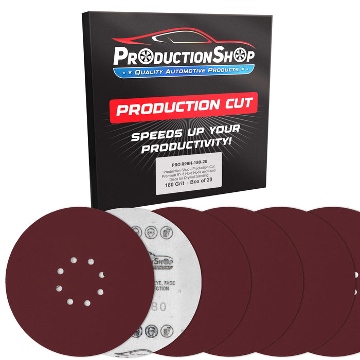 Premium 9" Red 8-Hole Pattern 180 Grit Sanding Discs, Box of 20 - Dustless Hook & Loop Backing Sandpaper for Drywall Power Sanders, Medium-Cut Abrasive - Woodworking, Sand Auto Paint