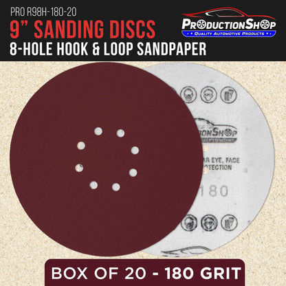 Premium 9" Red 8-Hole Pattern 180 Grit Sanding Discs, Box of 20 - Dustless Hook & Loop Backing Sandpaper for Drywall Power Sanders, Medium-Cut Abrasive