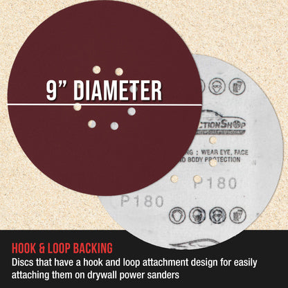 Premium 9" Red 8-Hole Pattern 180 Grit Sanding Discs, Box of 20 - Dustless Hook & Loop Backing Sandpaper for Drywall Power Sanders, Medium-Cut Abrasive