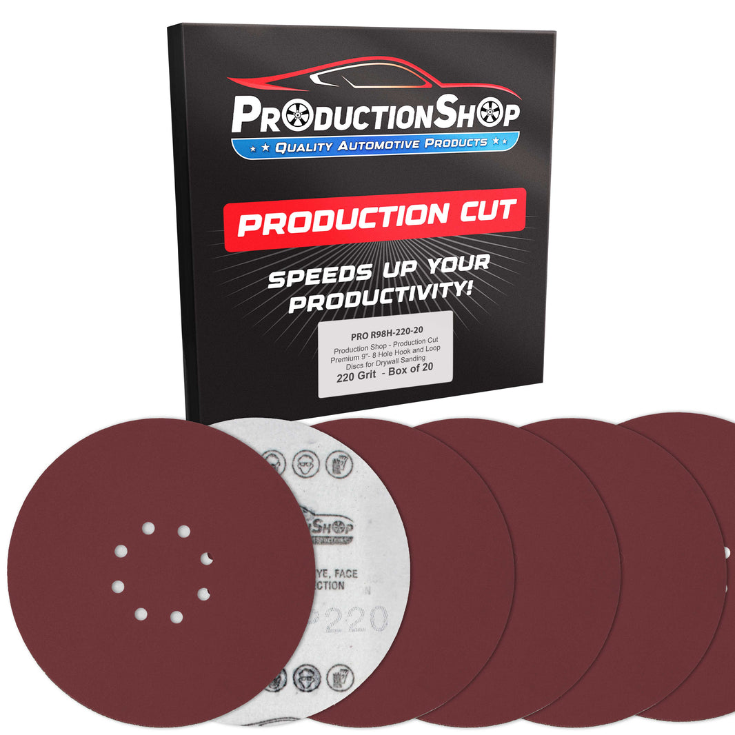 Premium 9" Red 8-Hole Pattern 220 Grit Sanding Discs, Box of 20 - Dustless Hook & Loop Backing Sandpaper for Drywall Power Sanders, Fine-Cut Abrasive