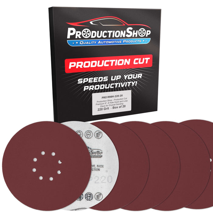 Premium 9" Red 8-Hole Pattern 220 Grit Sanding Discs, Box of 20 - Dustless Hook & Loop Backing Sandpaper for Drywall Power Sanders, Fine-Cut Abrasive - Woodworking, Sand Auto Paint