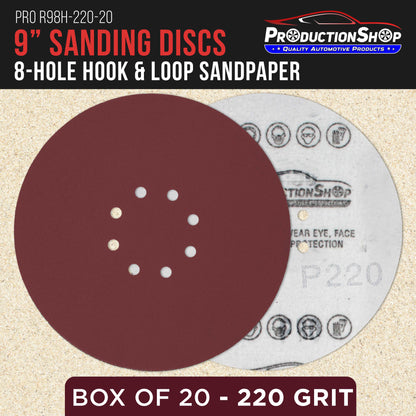 Premium 9" Red 8-Hole Pattern 220 Grit Sanding Discs, Box of 20 - Dustless Hook & Loop Backing Sandpaper for Drywall Power Sanders, Fine-Cut Abrasive