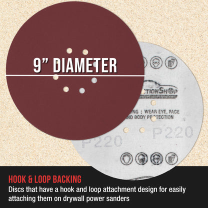 Premium 9" Red 8-Hole Pattern 220 Grit Sanding Discs, Box of 20 - Dustless Hook & Loop Backing Sandpaper for Drywall Power Sanders, Fine-Cut Abrasive