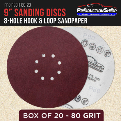 Premium 9" Red 8-Hole Pattern 80 Grit Sanding Discs, Box of 20 - Dustless Hook & Loop Backing Sandpaper for Drywall Power Sanders, Coarse-Cut Abrasive