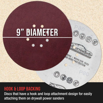 Premium 9" Red 8-Hole Pattern 80 Grit Sanding Discs, Box of 20 - Dustless Hook & Loop Backing Sandpaper for Drywall Power Sanders, Coarse-Cut Abrasive