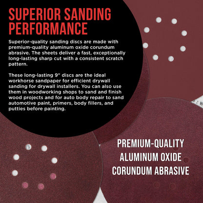 Premium 9" Red 8-Hole Pattern 80 Grit Sanding Discs, Box of 20 - Dustless Hook & Loop Backing Sandpaper for Drywall Power Sanders, Coarse-Cut Abrasive