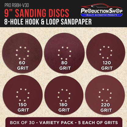 Premium 9" Red 8-Hole Pattern Sanding Discs, 30 Disc Variety Pack, Grits 60, 80, 120, 150, 180, 220 - Dustless Hook & Loop Backing Sandpaper for Drywall Power Sander