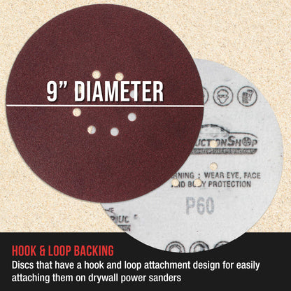 Premium 9" Red 8-Hole Pattern Sanding Discs, 30 Disc Variety Pack, Grits 60, 80, 120, 150, 180, 220 - Dustless Hook & Loop Backing Sandpaper for Drywall Power Sander