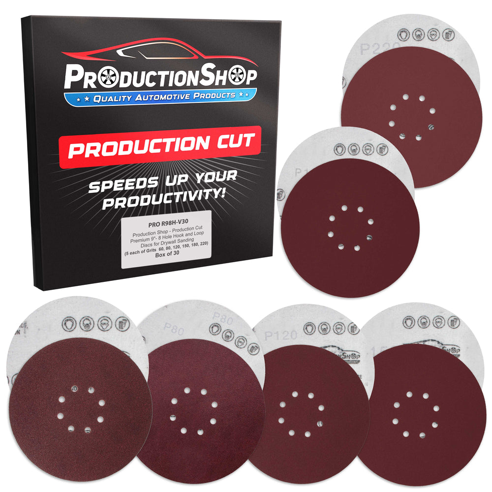 Premium 9" Red 8-Hole Pattern Sanding Discs, 30 Disc Variety Pack, Grits 60, 80, 120, 150, 180, 220 - Dustless Hook & Loop Backing Sandpaper for Drywall Power Sander, Woodworking Paint