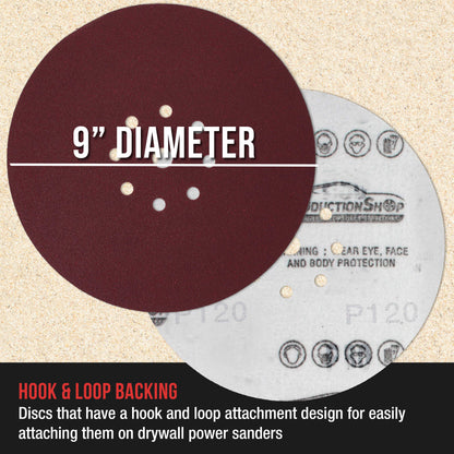 Premium 9" Red 9-Hole Pattern 120 Grit Sanding Discs, Box of 20 - Dustless Hook & Loop Backing Sandpaper for Drywall Power Sanders, Medium-Cut Abrasive