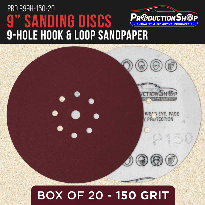 Premium 9" Red 9-Hole Pattern 150 Grit Sanding Discs, Box of 20 - Dustless Hook & Loop Backing Sandpaper for Drywall Power Sanders, Medium-Cut Abrasive - Woodworking, Sand Auto Paint