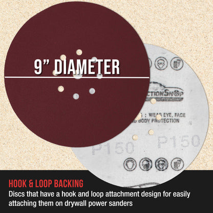 Premium 9" Red 9-Hole Pattern 150 Grit Sanding Discs, Box of 20 - Dustless Hook & Loop Backing Sandpaper for Drywall Power Sanders, Medium-Cut Abrasive