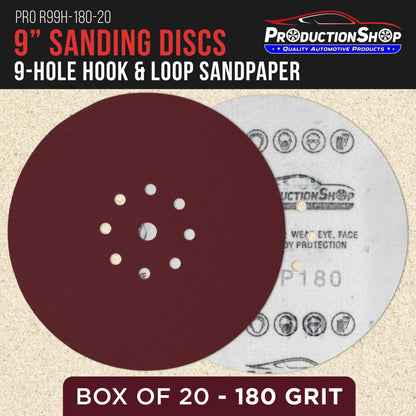 Premium 9" Red 9-Hole Pattern 180 Grit Sanding Discs, Box of 20 - Dustless Hook & Loop Backing Sandpaper for Drywall Power Sanders, Medium-Cut Abrasive
