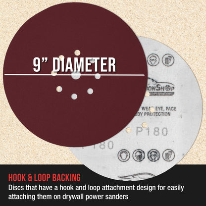 Premium 9" Red 9-Hole Pattern 180 Grit Sanding Discs, Box of 20 - Dustless Hook & Loop Backing Sandpaper for Drywall Power Sanders, Medium-Cut Abrasive