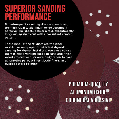 Premium 9" Red 9-Hole Pattern 180 Grit Sanding Discs, Box of 20 - Dustless Hook & Loop Backing Sandpaper for Drywall Power Sanders, Medium-Cut Abrasive