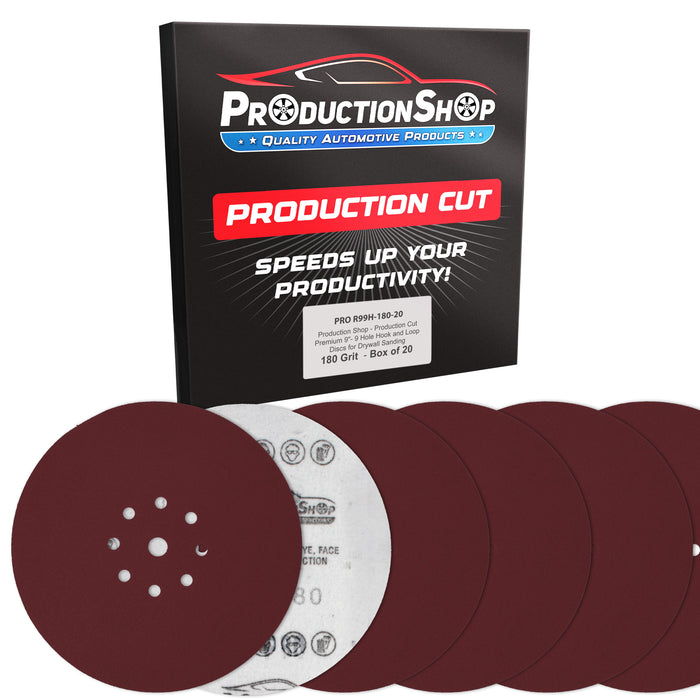 Premium 9" Red 9-Hole Pattern 180 Grit Sanding Discs, Box of 20 - Dustless Hook & Loop Backing Sandpaper for Drywall Power Sanders, Medium-Cut Abrasive - Woodworking, Sand Auto Paint