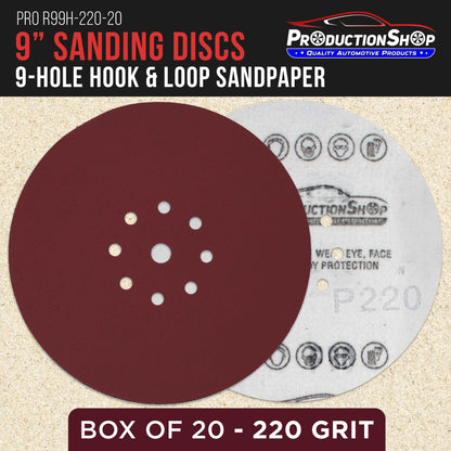 Premium 9" Red 9-Hole Pattern 220 Grit Sanding Discs, Box of 20 - Dustless Hook & Loop Backing Sandpaper for Drywall Power Sanders, Fine-Cut Abrasive
