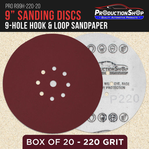 Premium 9" Red 9-Hole Pattern 220 Grit Sanding Discs, Box of 20 - Dustless Hook & Loop Backing Sandpaper for Drywall Power Sanders, Fine-Cut Abrasive - Woodworking, Sand Auto Paint